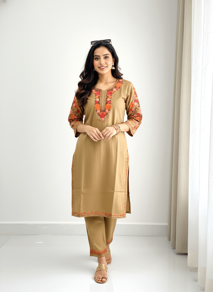 Camel Brown Floral Aari Embroidered Kashmiri Coord Set