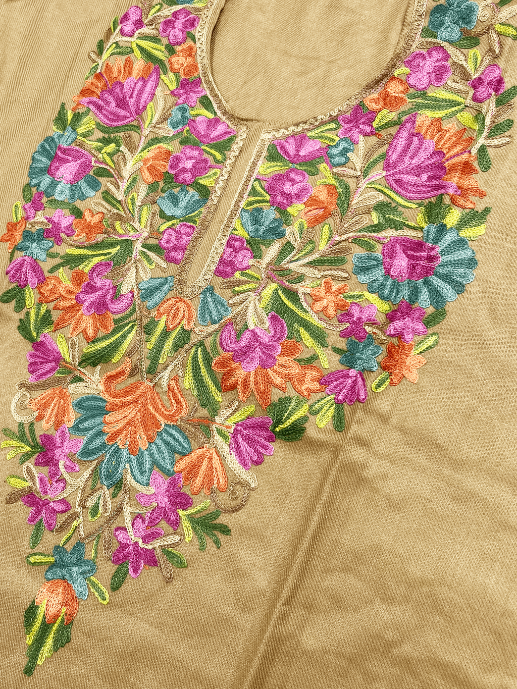 Camel Brown Floral Embroidered Kashmiri Pheran