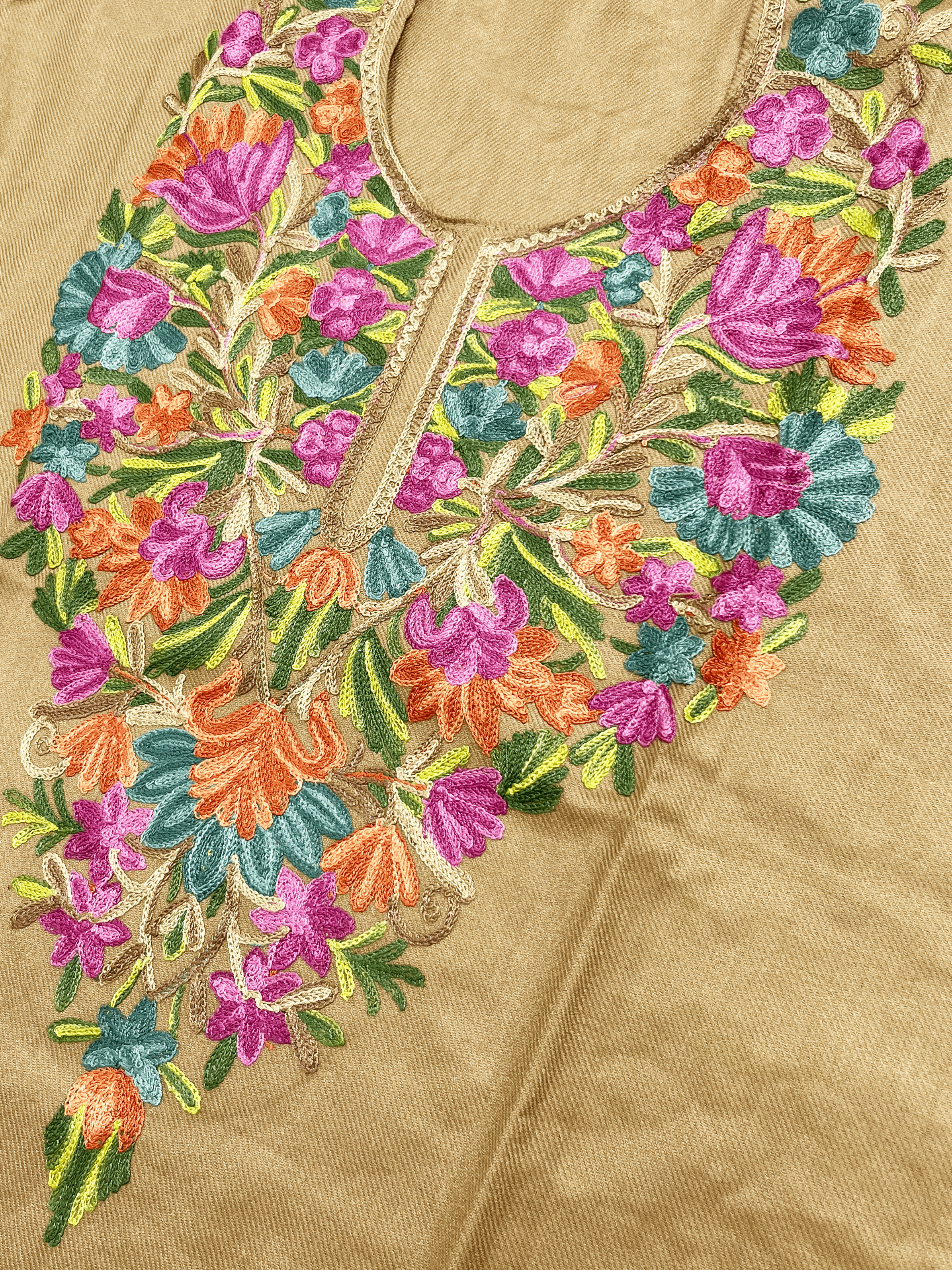 Camel Brown Floral Embroidered Kashmiri Pheran