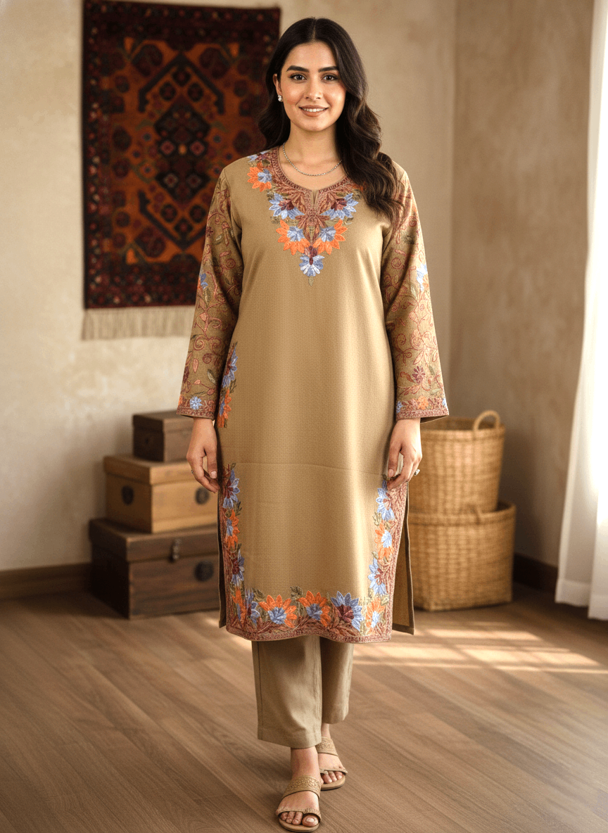 Camel Brown Embroidered Kashmiri Pheran