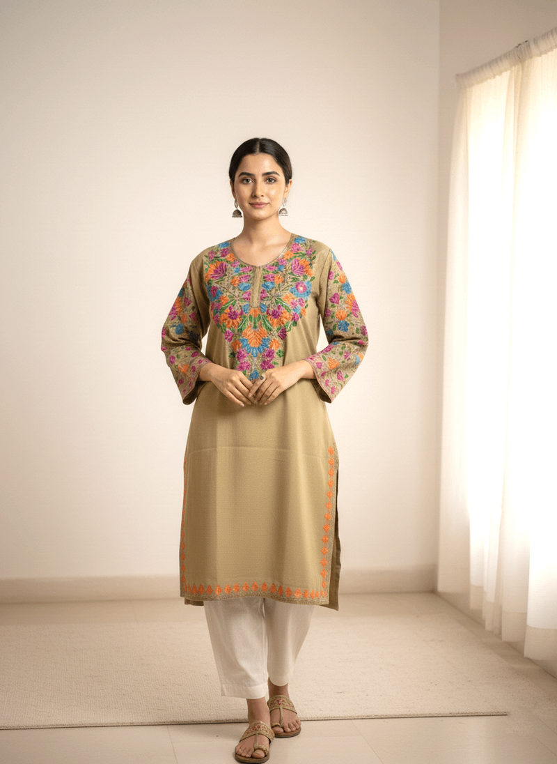 Camel Brown Floral Embroidered Kashmiri Pheran