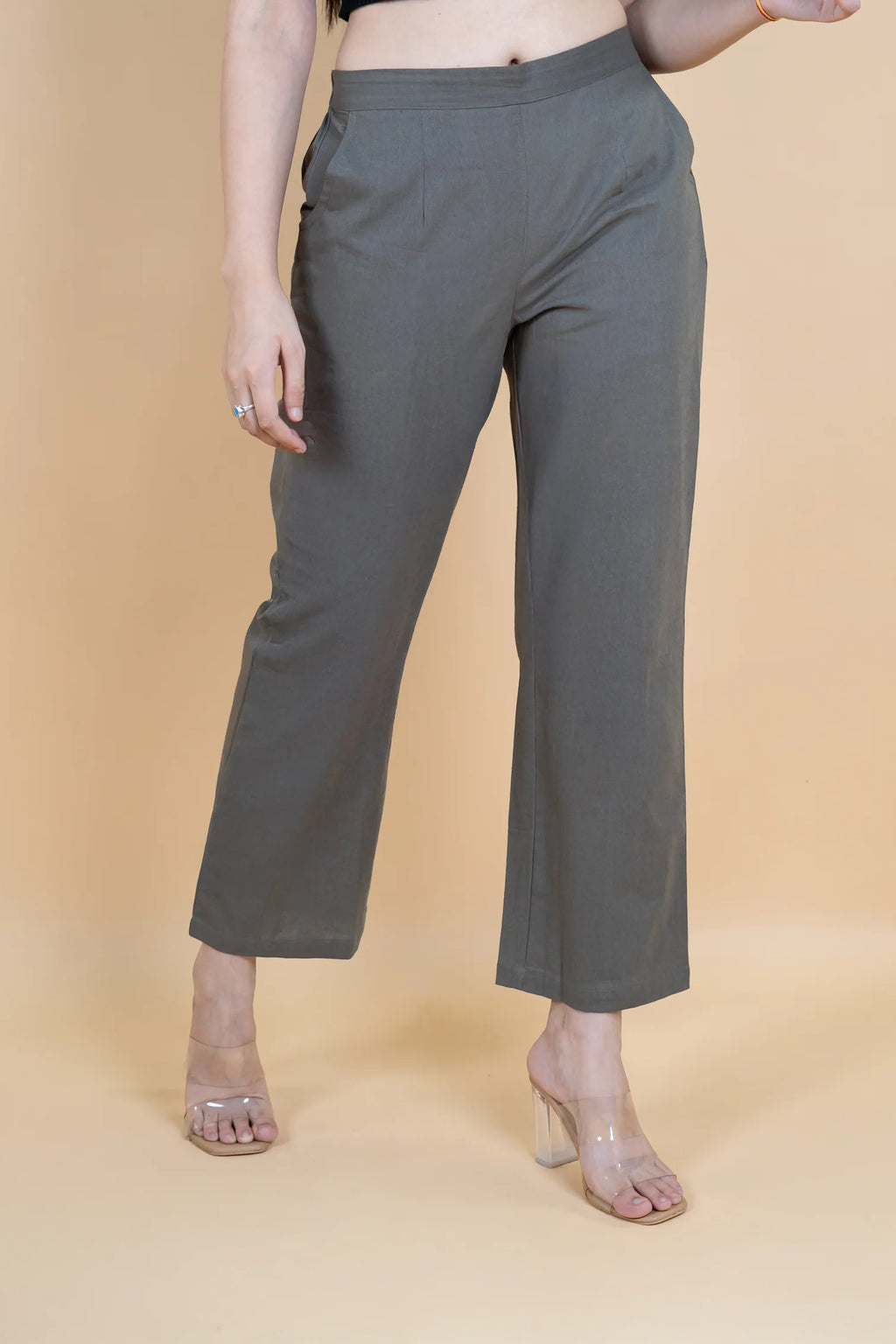 Cement Grey Women Wide Leg Cotton Pant