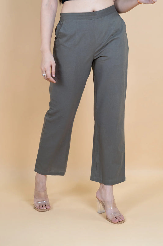 Cement Grey Women Wide Leg Cotton Pant