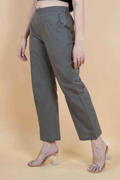 Cement Grey Women Wide Leg Cotton Pant