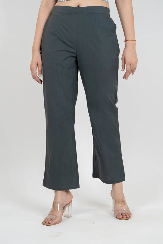 Charcoal Blue Women Wide Leg Cotton Pant