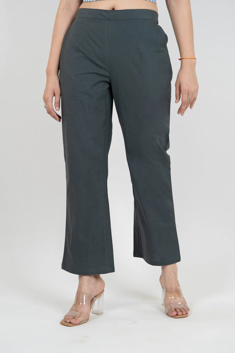 Charcoal Blue Women Wide Leg Cotton Pant