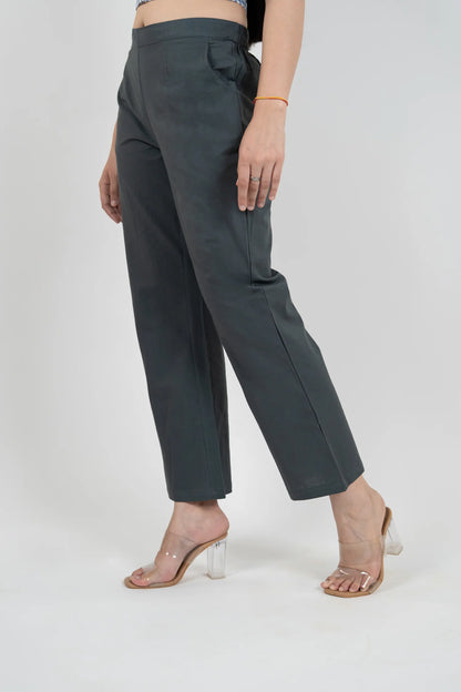 Charcoal Blue Women Wide Leg Cotton Pant