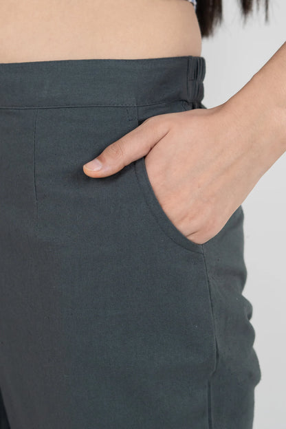 Charcoal Blue Women Wide Leg Cotton Pant