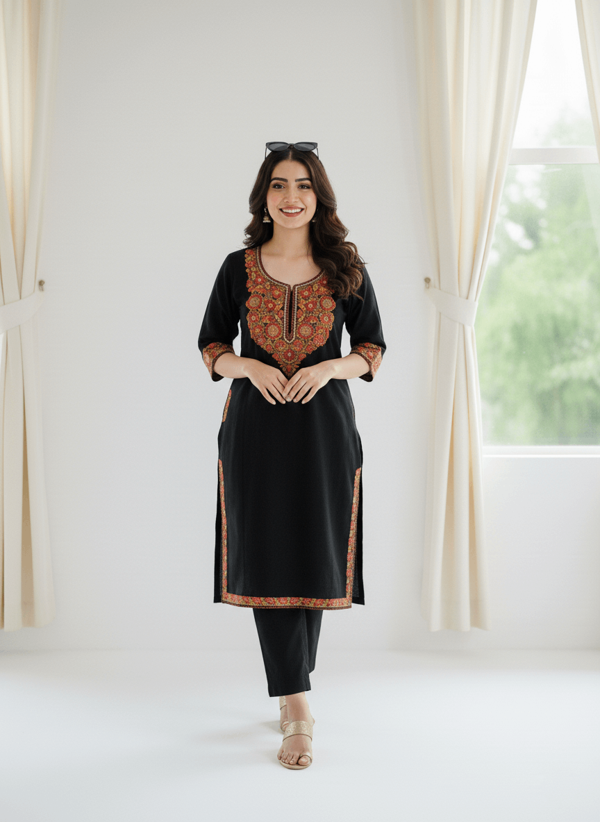 Classic Black Aari & Tilla Embroidered Kashmiri Pheran