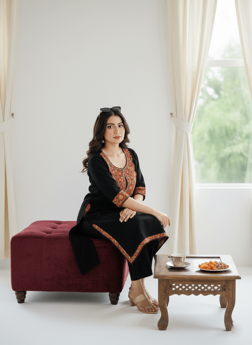 Classic Black Aari & Tilla Embroidered Kashmiri Pheran