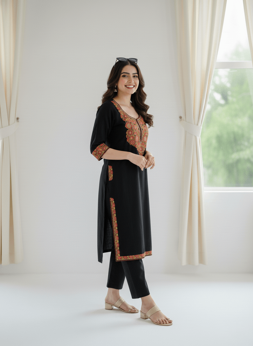 Classic Black Aari & Tilla Embroidered Kashmiri Pheran