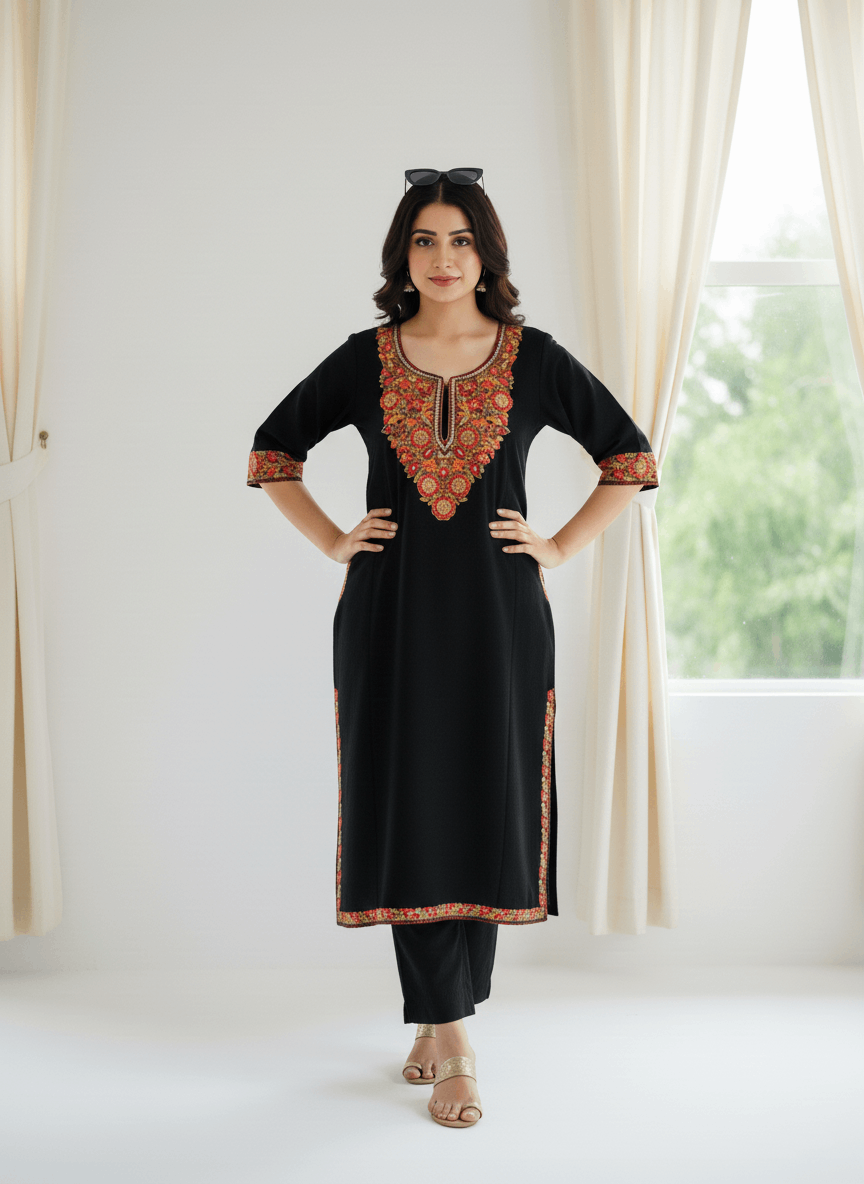 Classic Black Aari & Tilla Embroidered Kashmiri Pheran
