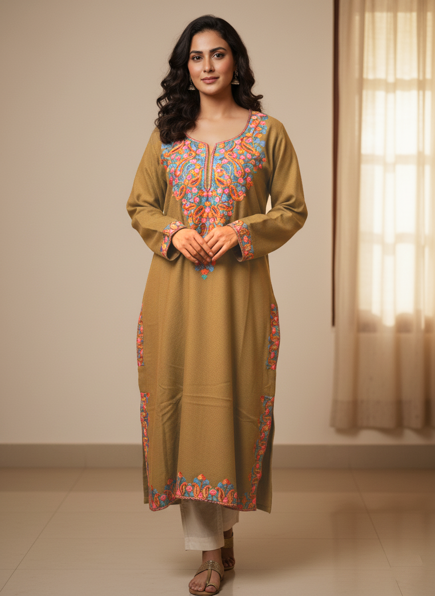 Coffee Brown Embroidered Kashmiri Pheran
