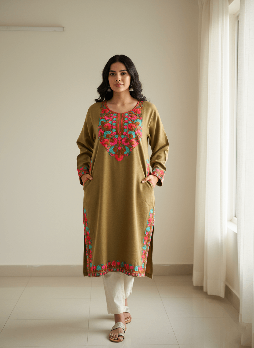 Coffee Brown Floral Embroidered Kashmiri Pheran