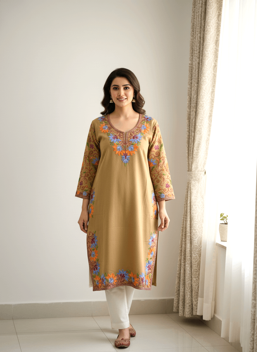Coffee Brown Floral Embroidered Kashmiri Pheran