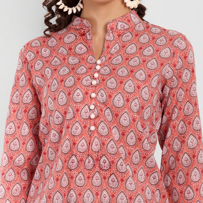 Peach Floral Printed Straight Cotton Tunic