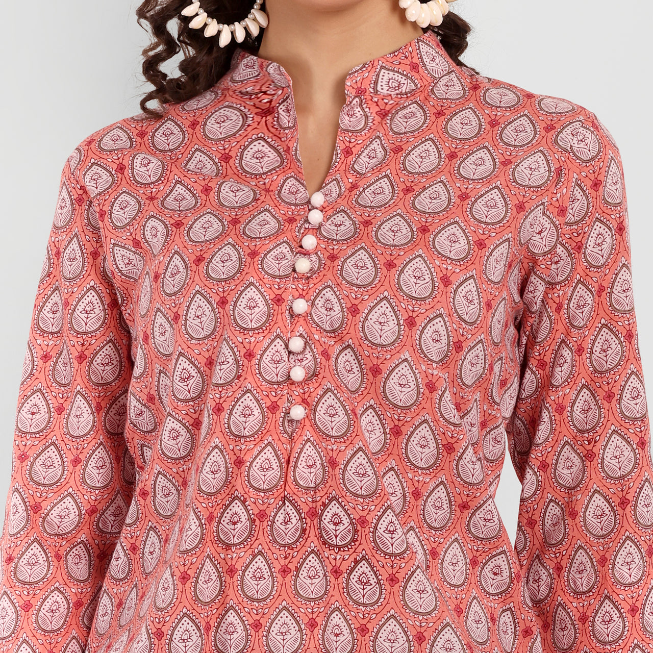 Peach Floral Printed Straight Cotton Tunic