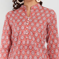 Thumbnail for Peach Floral Printed Straight Cotton Tunic