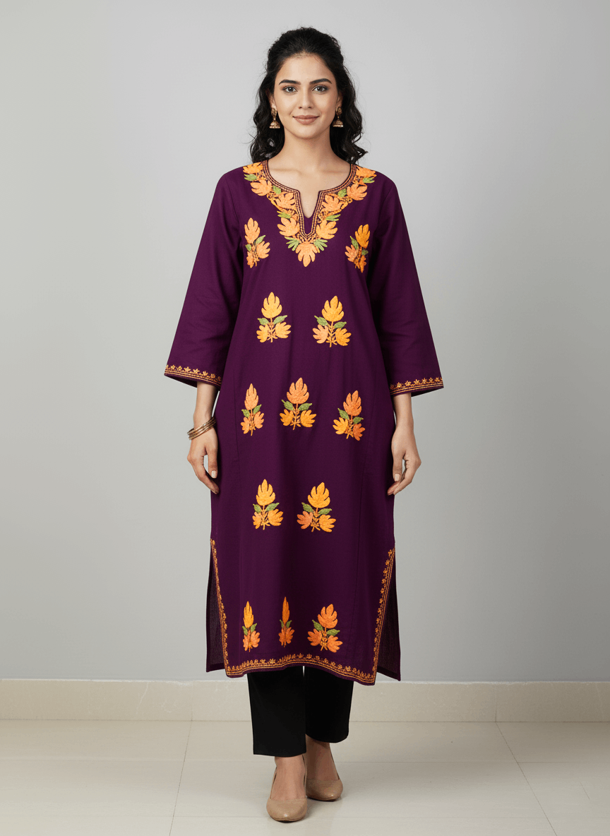 Wine & Orange Floral Embroidered Kashmiri Pheran