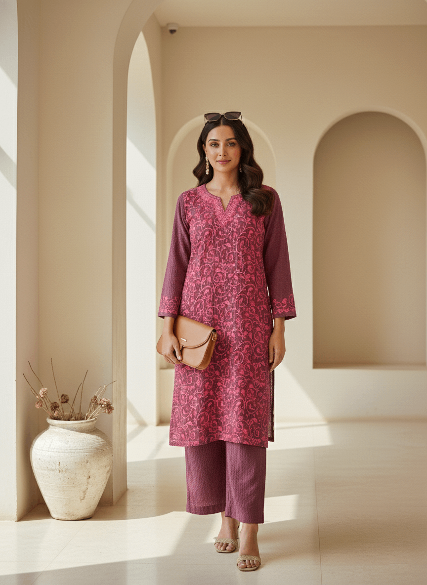 Dusty Berry Aari Embroidered Cotton Coord Set
