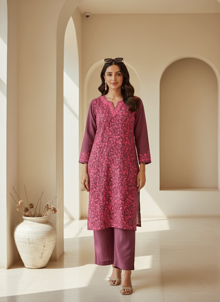Dusty Berry Aari Embroidered Cotton Coord Set