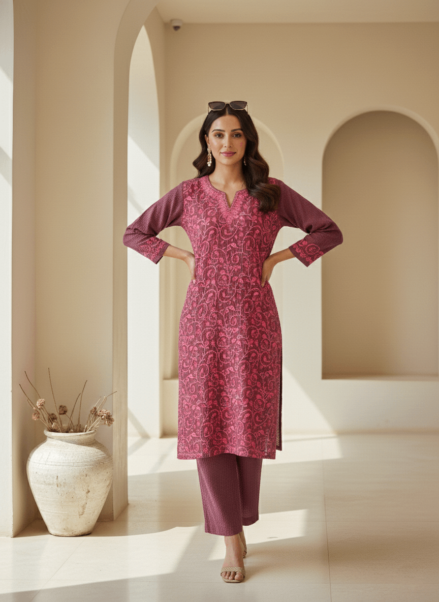 Dusty Berry Aari Embroidered Cotton Coord Set