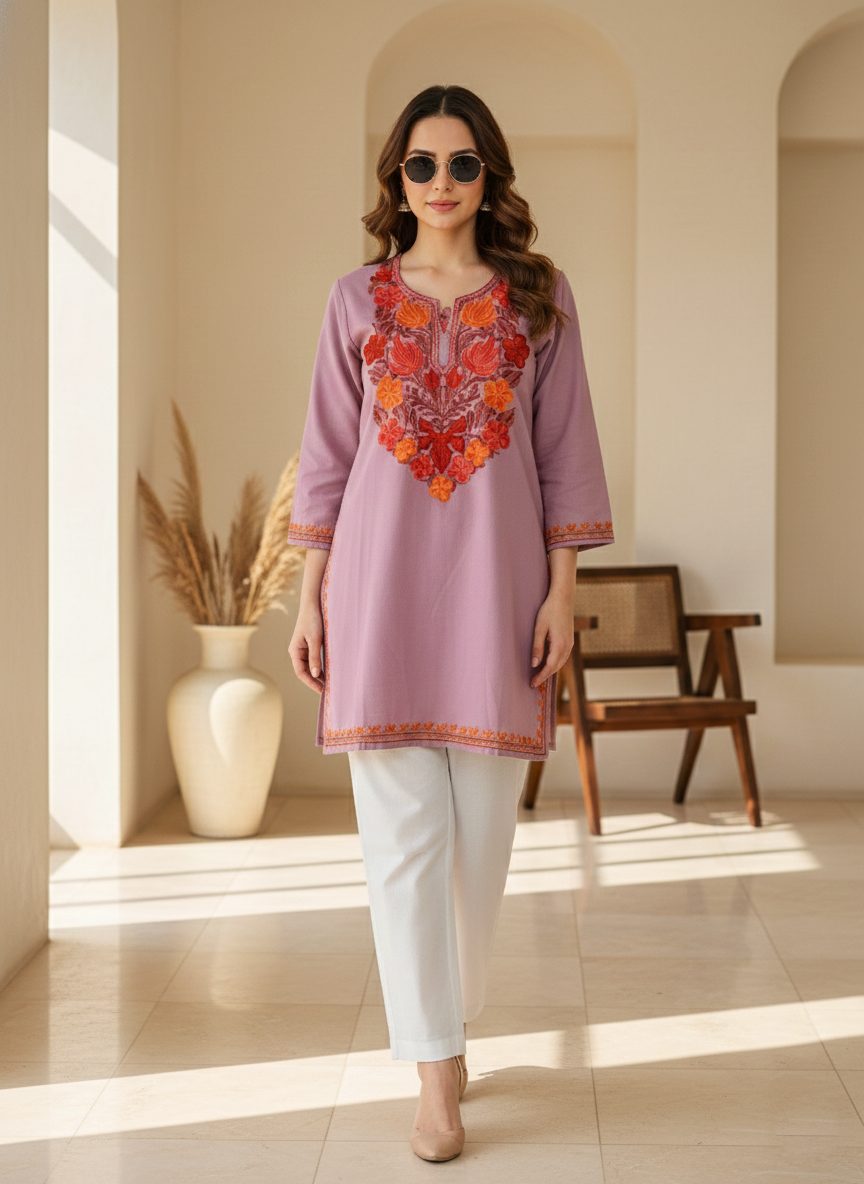 Dusty Mauve Aari Embroidered Cotton Short Kurti