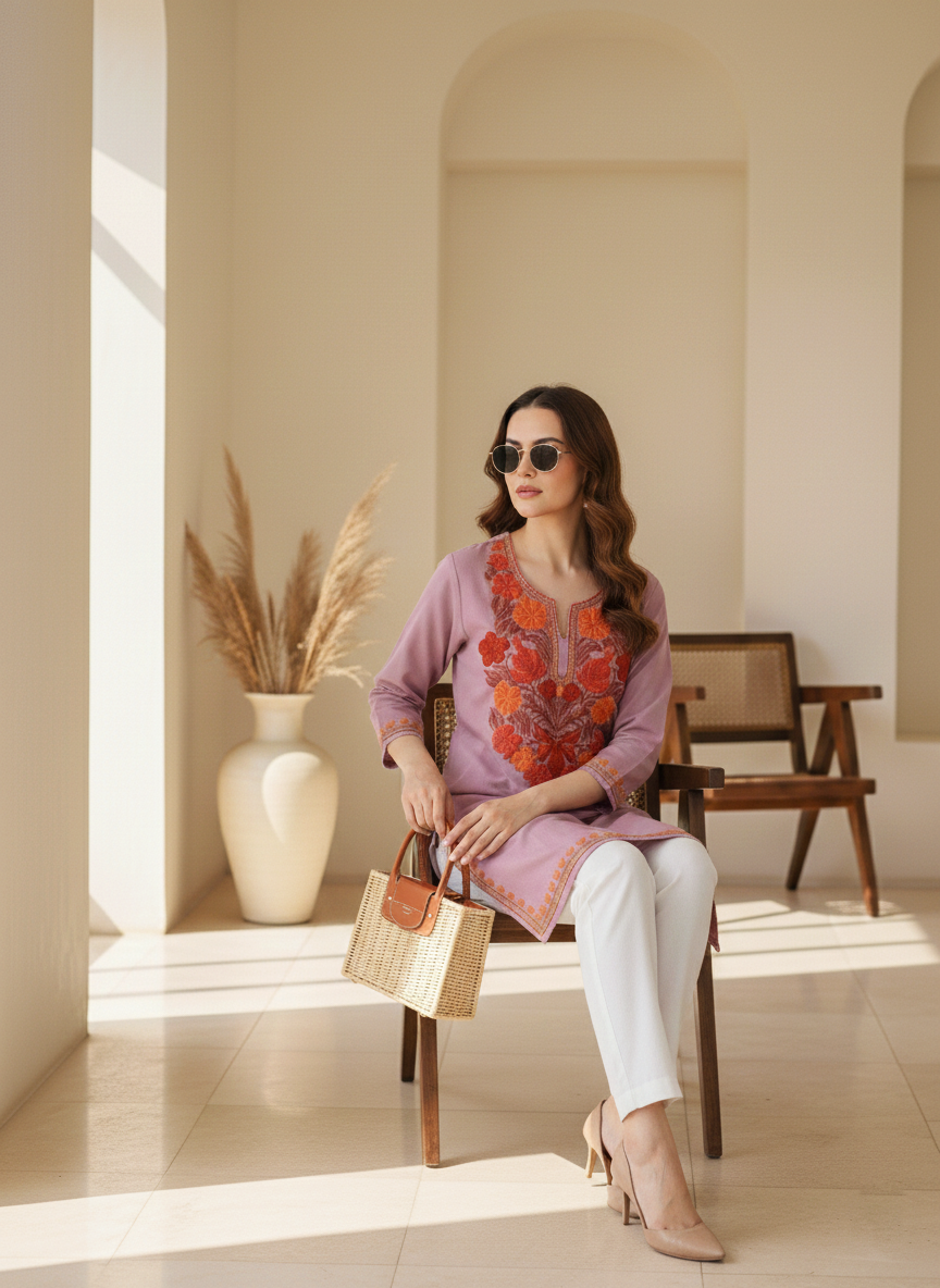 Dusty Mauve Aari Embroidered Cotton Short Kurti