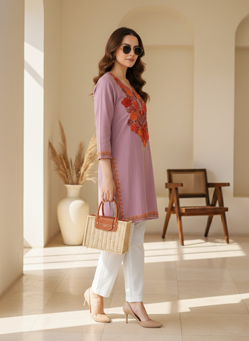 Dusty Mauve Aari Embroidered Cotton Short Kurti