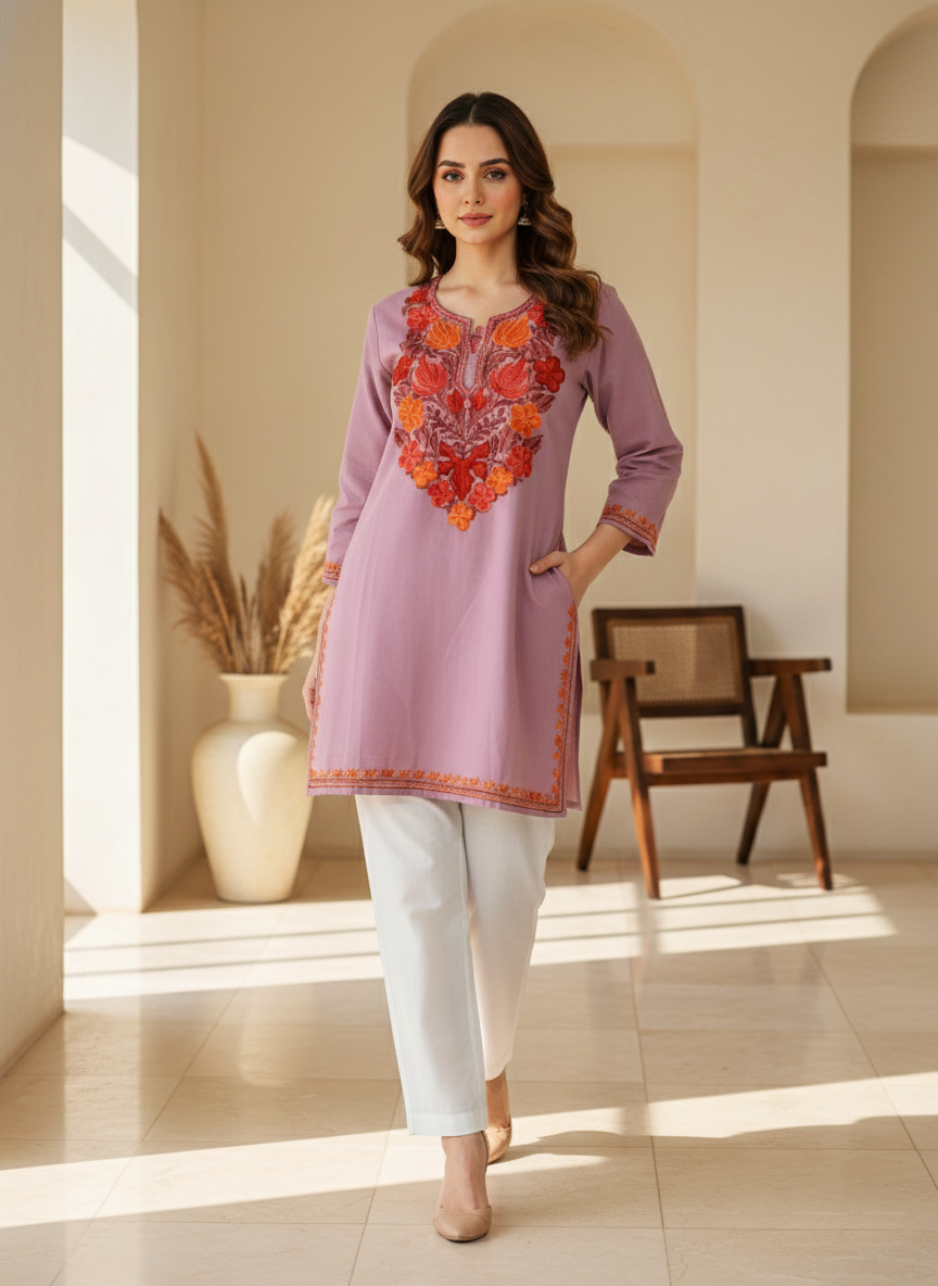 Dusty Mauve Aari Embroidered Cotton Short Kurti