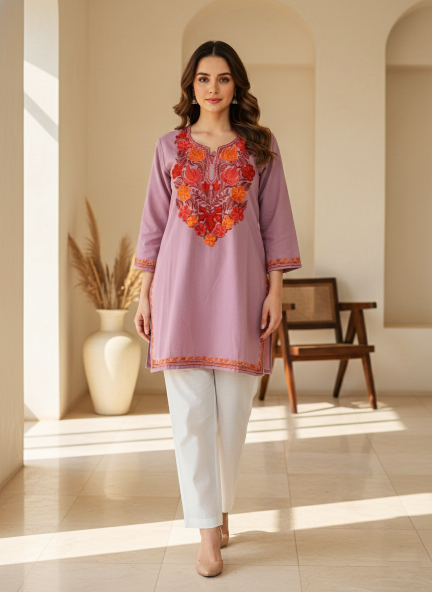 Dusty Mauve Aari Embroidered Cotton Short Kurti