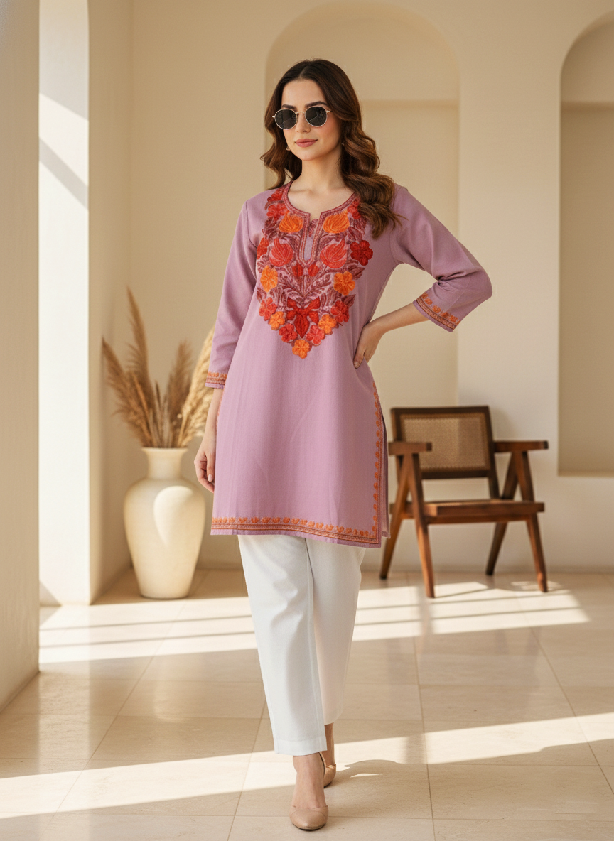 Dusty Mauve Aari Embroidered Cotton Short Kurti