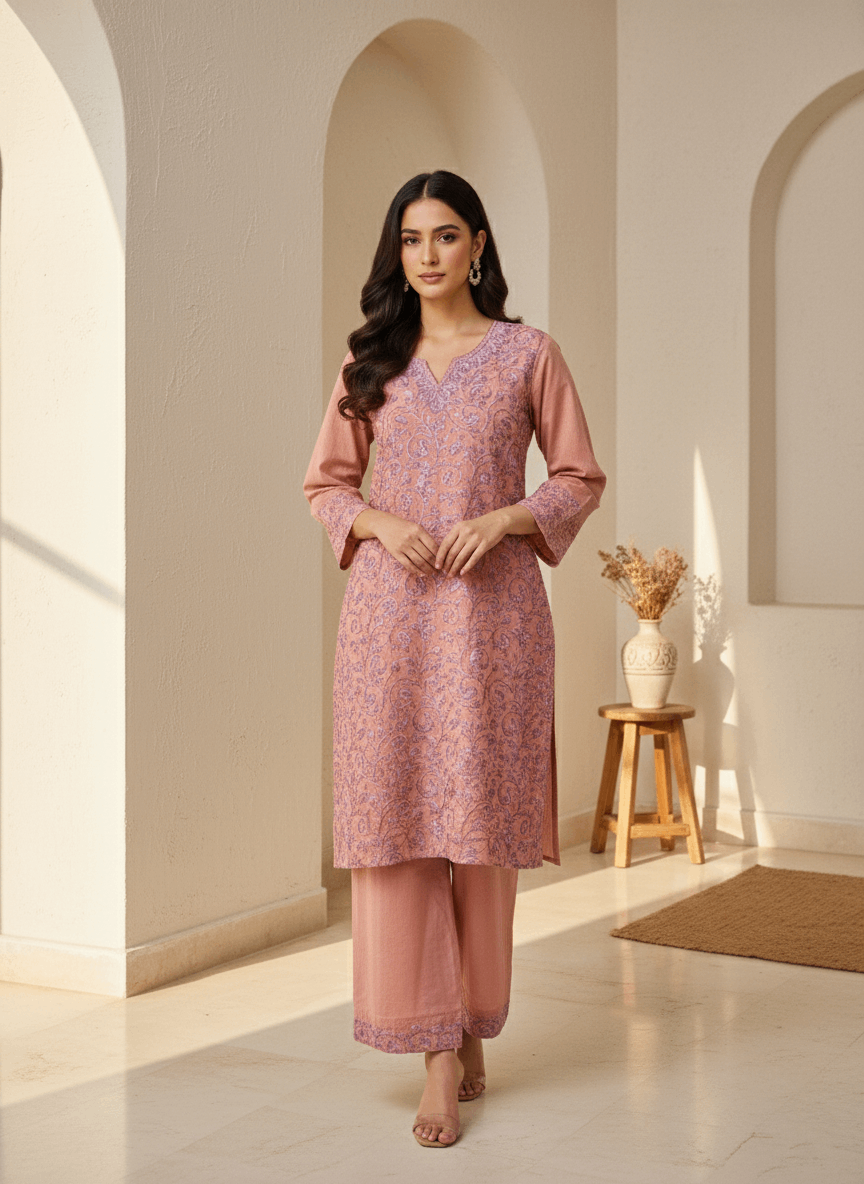 Dusty Peach Aari Embroidered Cotton Coord Set