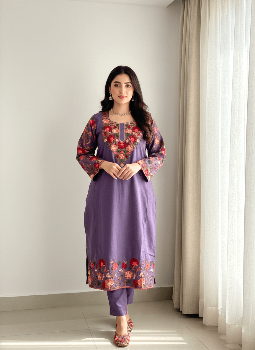 Dusty Purple Floral Aari Embroidered Kashmiri Pheran