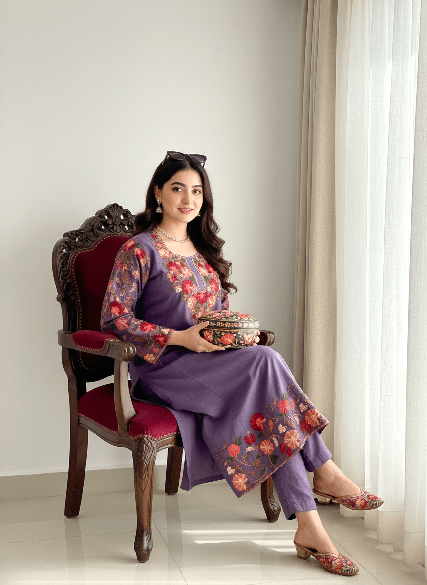 Dusty Purple Floral Aari Embroidered Kashmiri Pheran