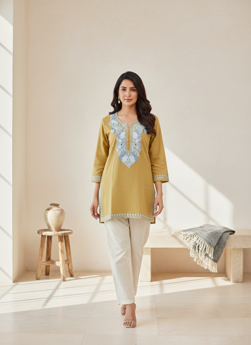 Earthy Yellow and Ice Blue Aari Embroidered Cotton Short Kurti