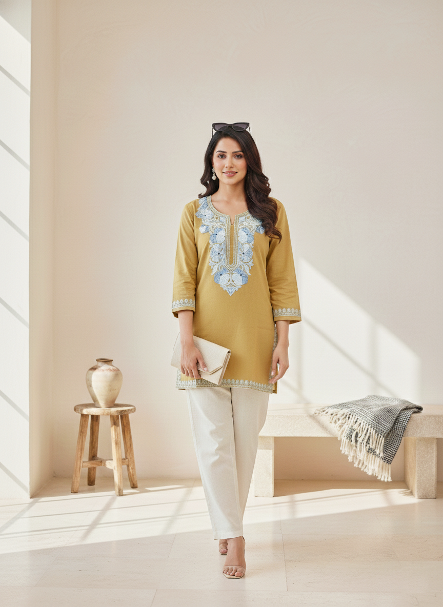 Earthy Yellow and Ice Blue Aari Embroidered Cotton Short Kurti