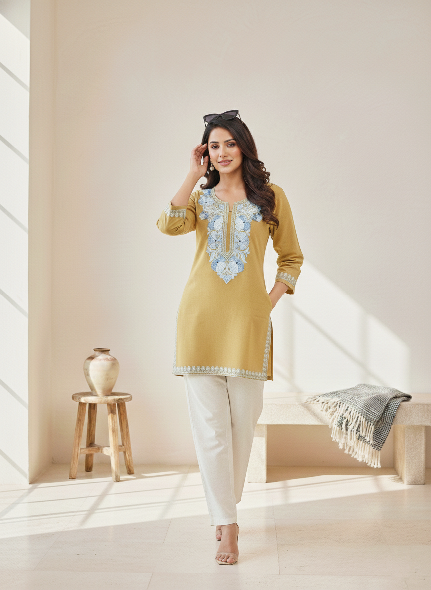Earthy Yellow and Ice Blue Aari Embroidered Cotton Short Kurti