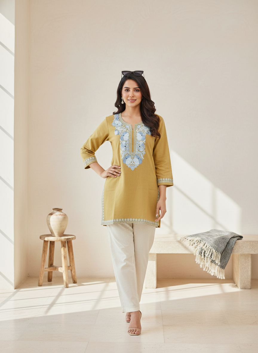 Earthy Yellow and Ice Blue Aari Embroidered Cotton Short Kurti