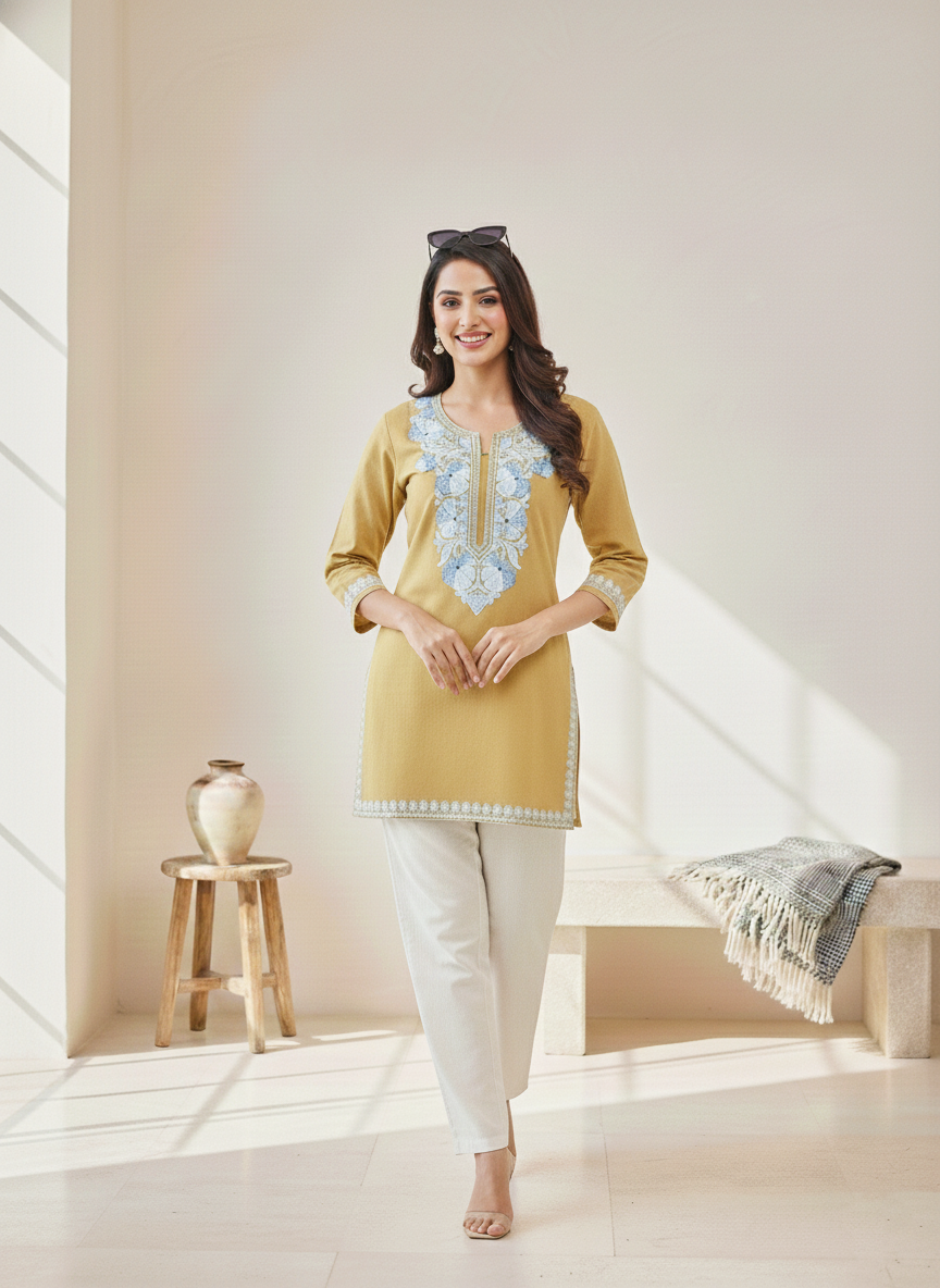 Earthy Yellow and Ice Blue Aari Embroidered Cotton Short Kurti