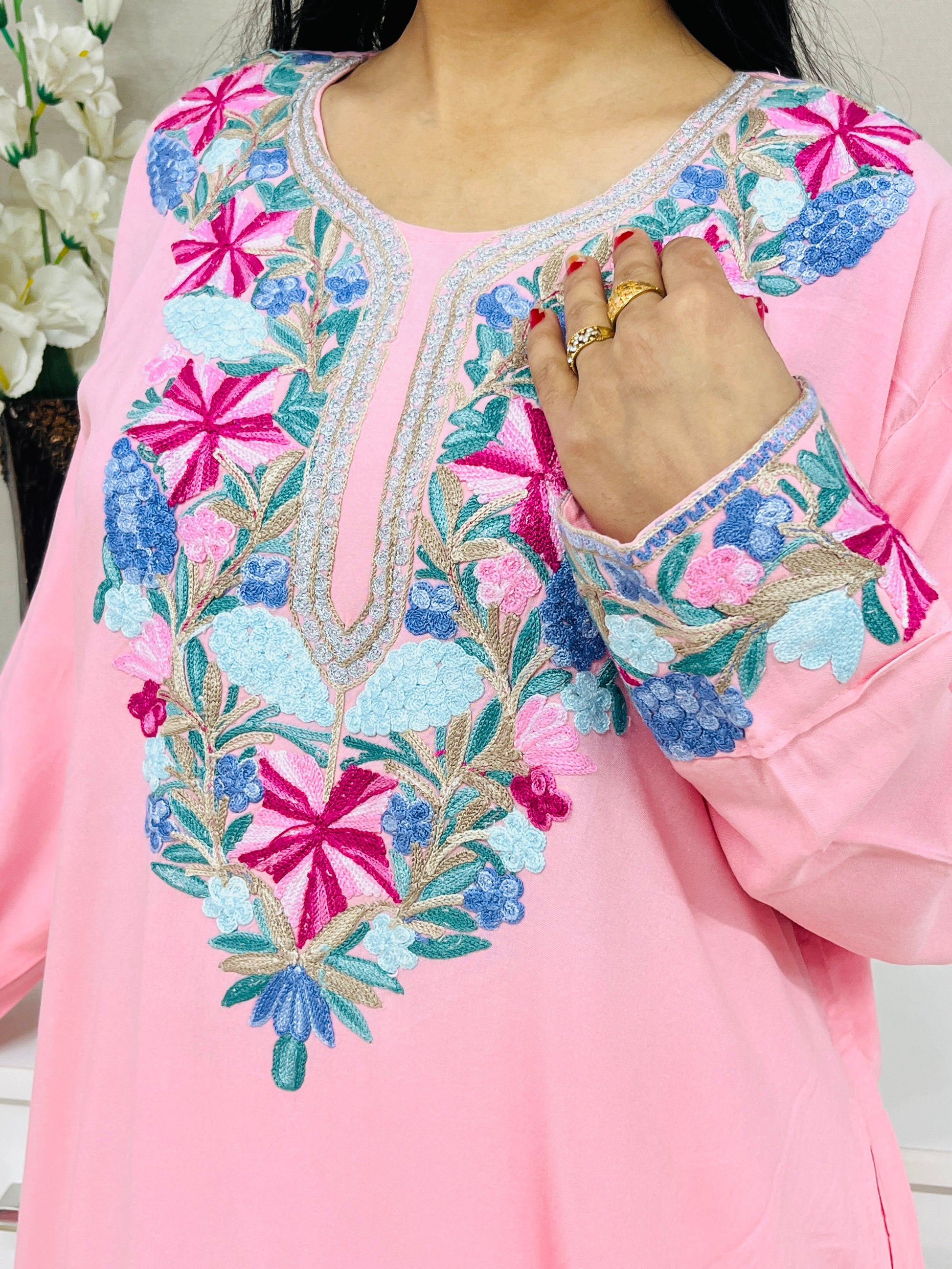 Multicolor Embroidered Pink Rayon Co-ord Set For Women