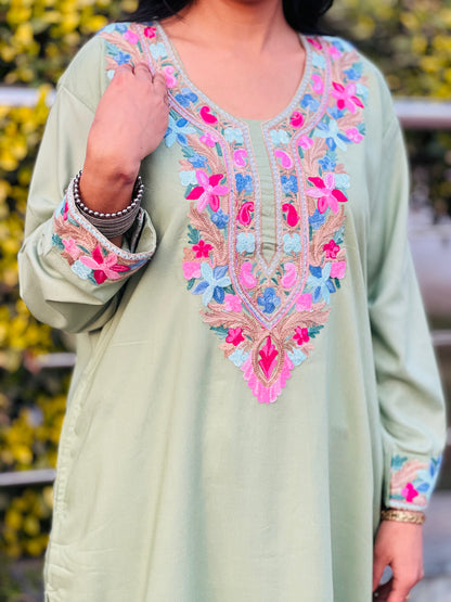  Embroidered Pista Green Rayon Co-ord Set For Women