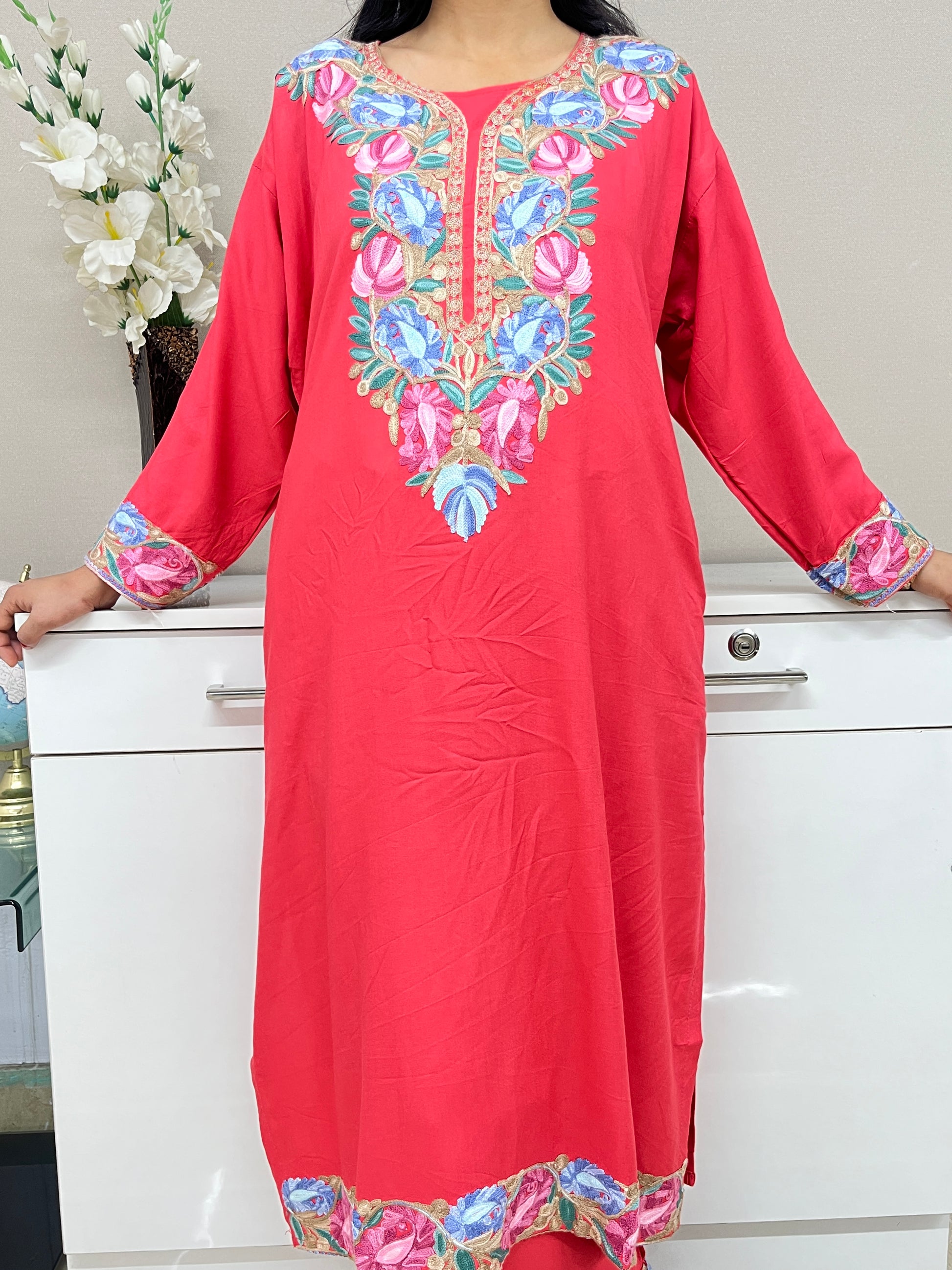  Embroidered Rose Pink Rayon Co-ord Set For Women