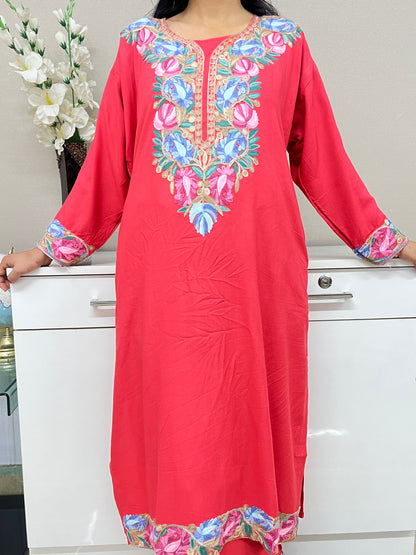  Embroidered Rose Pink Rayon Co-ord Set For Women