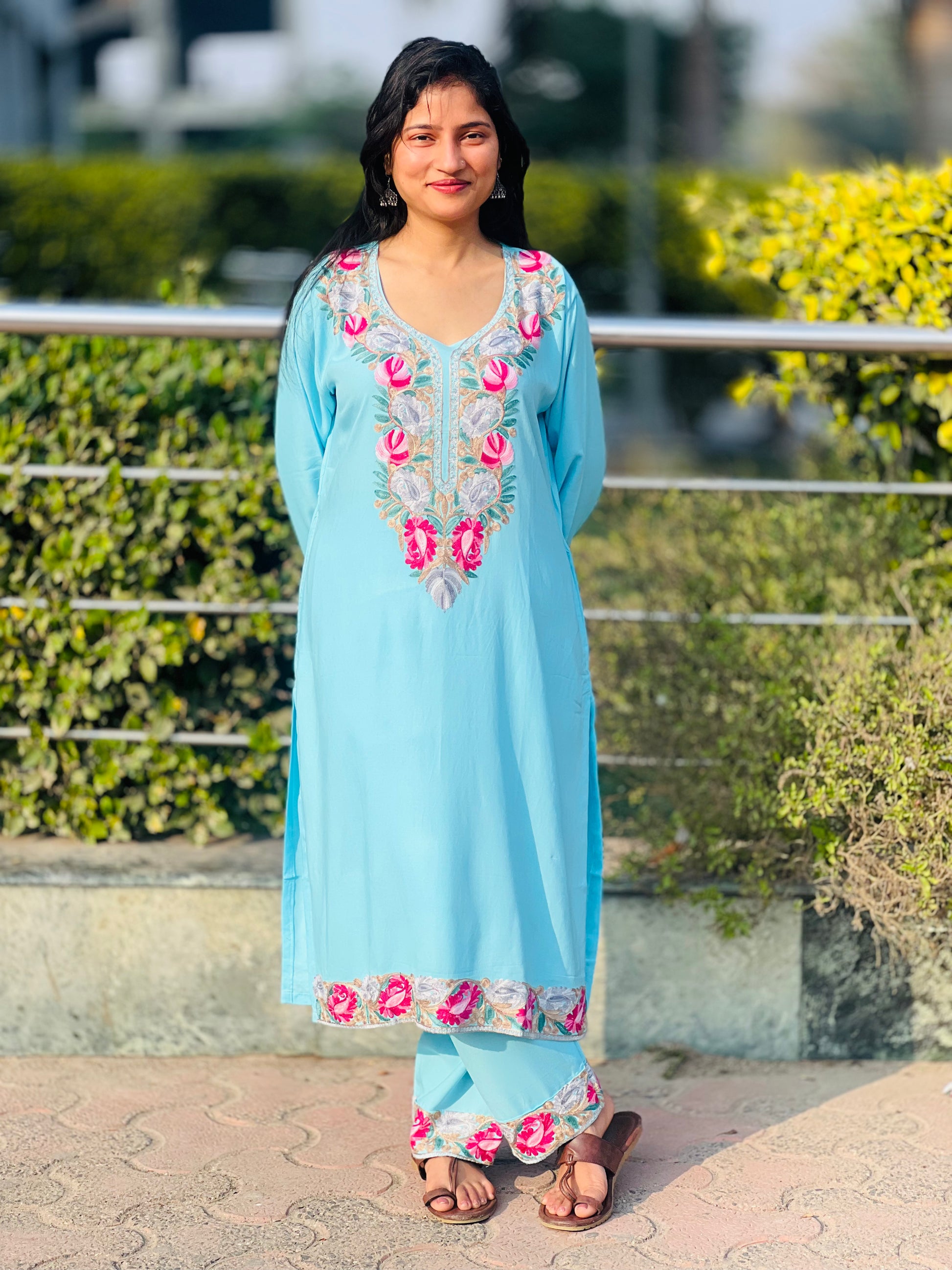  Embroidered Sky Blue Rayon Co-ord Set For Women