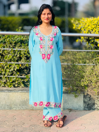  Embroidered Sky Blue Rayon Co-ord Set For Women