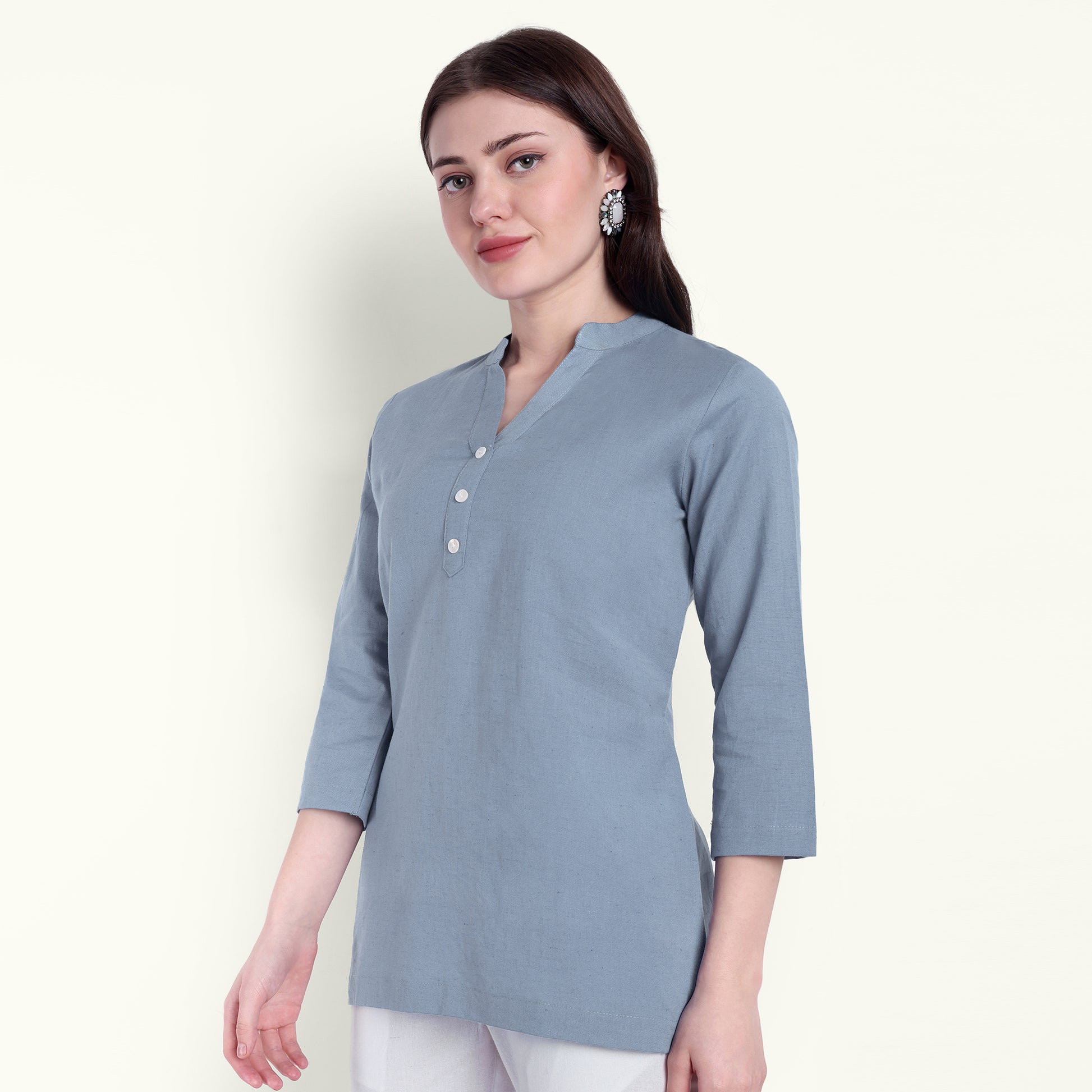English Blue Airy Linen Short Kurti For Women