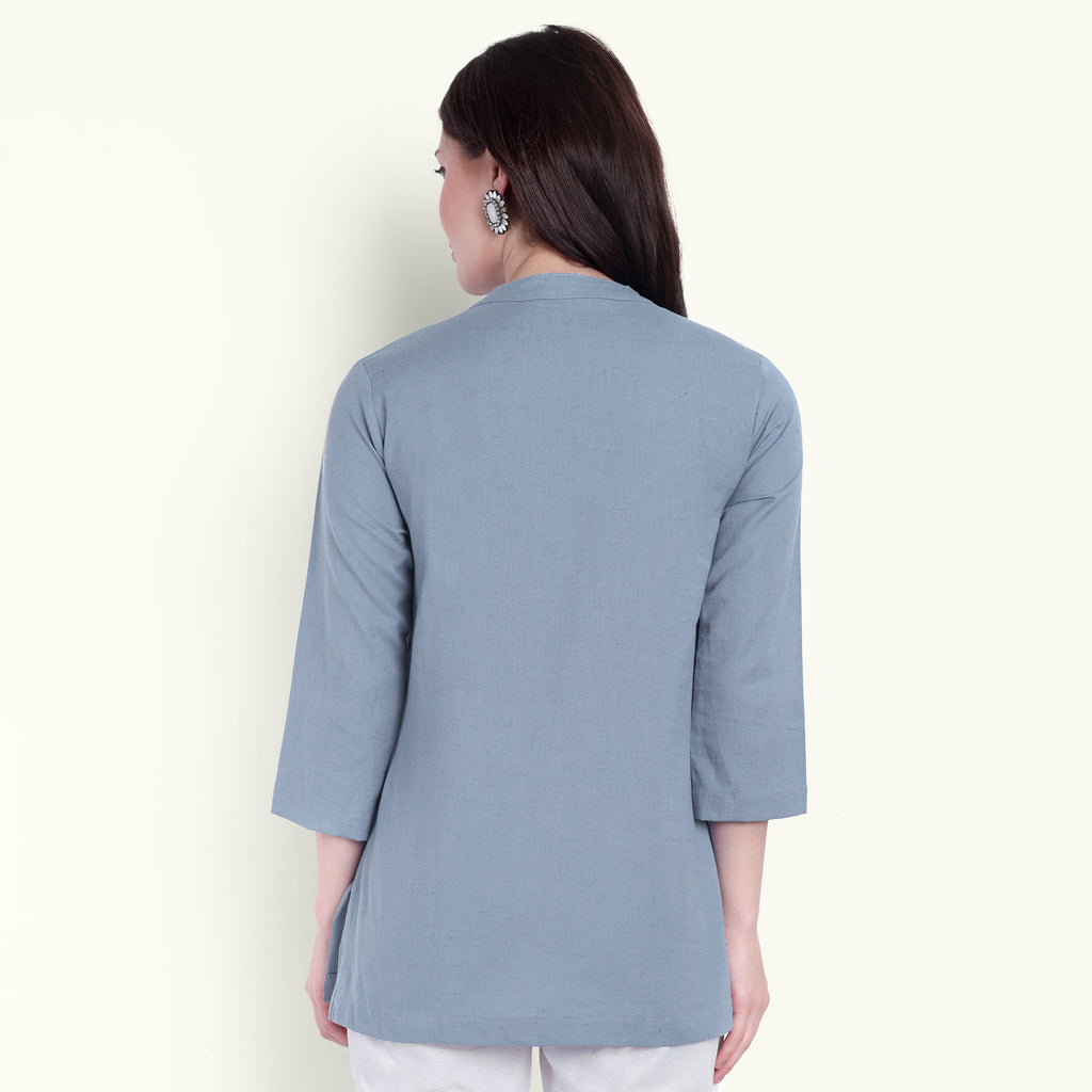 English Blue Airy Linen Short Kurti For Women Stylish Look
