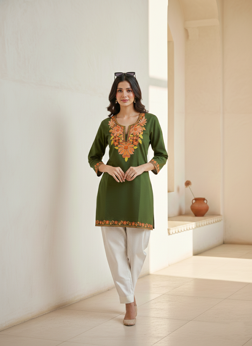 Forest Green Rust Aari Embroidered Cotton Short Kurti