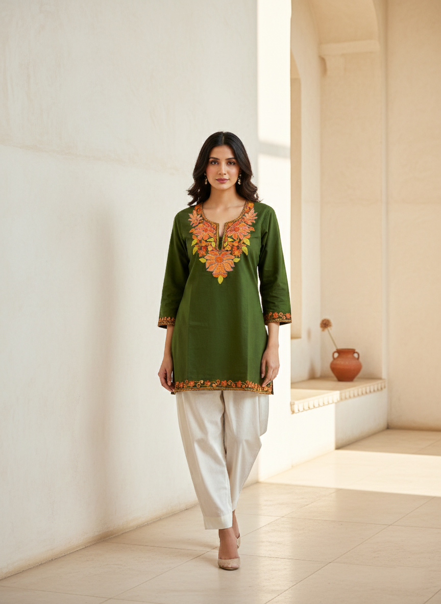 Forest Green Rust Aari Embroidered Cotton Short Kurti
